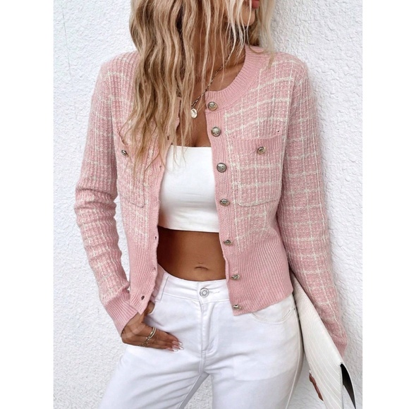 Pink Plaid Button Up Cardigan Knit Long Sleeve  Stretchy - Picture 2 of 9